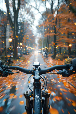 Hands holding the handlebars of a bicycle while riding through the autumn park, point of view, first-person perspective, immersive experience.の素材