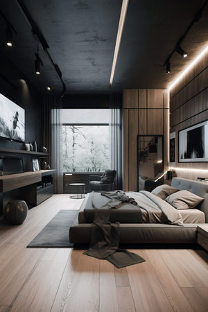 Interior of bedroom in modern house in Techno style.の素材