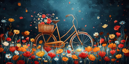 A bicycle with a basket full of flowers on night flowering meadow background.の素材