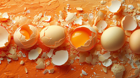An abstract composition featuring cracked eggshells arranged in a visually striking pattern against a orange background.の素材