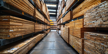 Stacks of plywood sheets for sale at a building materials warehouse.の素材