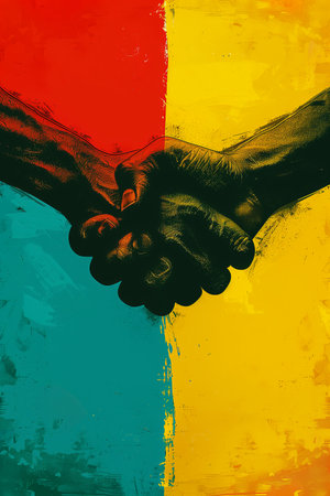 Hands clasped in solidarity, forming a broken chain symbolizing freedom on Juneteenth.の素材