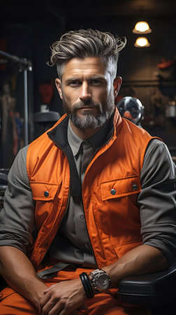 Portrait of a bearded man with stylish haircut on dark background.の素材