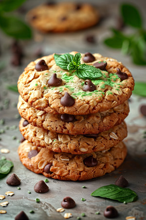 Matcha Oatmeal Cookies: oatmeal cookies made of rolled oats, butter, sugar, matcha powder and chocolate chips.の素材
