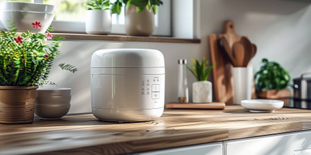 A rice cooker with a keep-warm function, ensuring rice stays hot and fresh until serving. Modern kitchen on backdrop.の素材