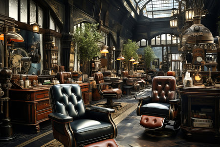Barber Shop Interior: retro-themed barbershop interior decor with traditional furniture.の素材