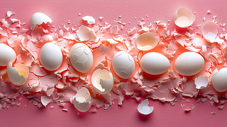 An abstract composition featuring cracked eggshells arranged in a visually striking pattern against a pink background.の素材