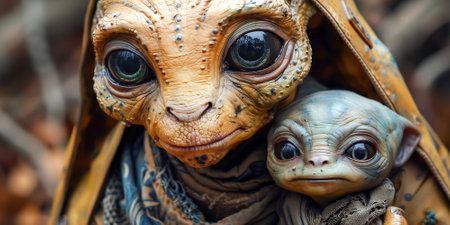 Portrait of an alien mother with her alien baby.の素材