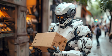 Robot courier carrying a cardboard box along a city street. Future of delivery service theme.の素材