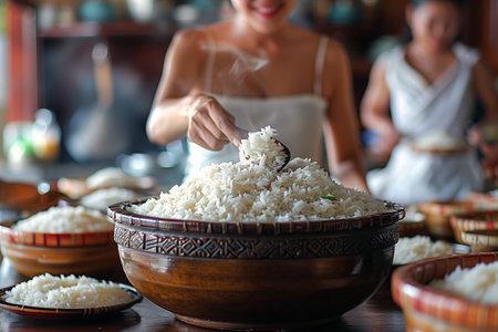 Close-up of a ceramic bowl full of cooked rice, with a woman serving it with a spoon.の素材