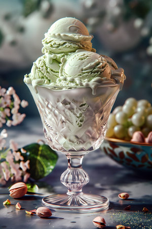 Pistachio ice cream float served in a frosty bowl.の素材