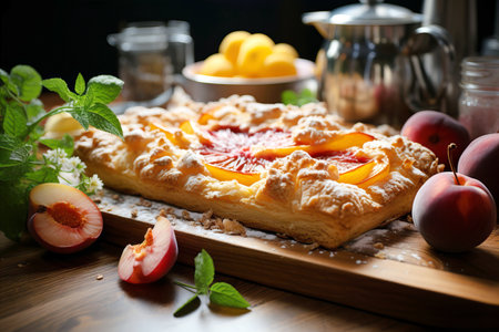 Homemade pastry, delicious peach pie with golden crunchy dough.の素材