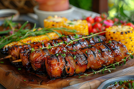 Grilled meat and corn close-up. Traditional picnic food and bbq dishes for celebrating the Fourth of July or Juneteenth.の素材