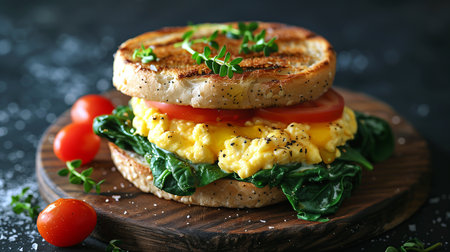 Spinach and Goat Cheese Breakfast Sandwich: English muffin filled with scrambled eggs, sautÃ©ed spinach, creamy goat cheese, and sliced tomatoes.の素材
