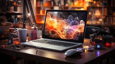 A modern desk setup featuring a laptop displaying vibrant abstract visuals, surrounded by various gadgets and office supplies, representing a tech-savvy and creative workspace.の素材