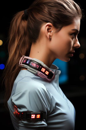 A young woman wearing wearable health devices that track fitness and vital signs.の素材