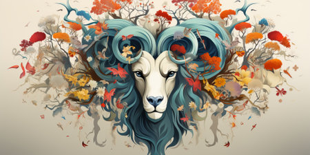Abstract illustration of goat's head surrounded by natural elements on white background.の素材