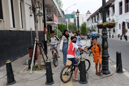 Kota Lama, Semarang / Indonesia - July 6 2020 : Cyclist at Kota Lama, Semarang, Central Java, Indonesia.のeditorial素材