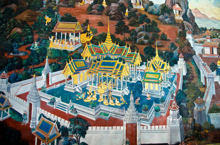 Thai Mural Painting on the wall, Wat Phra Kaew.のeditorial素材