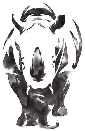 black and white monochrome painting with water and ink draw rhino illustrationの写真素材