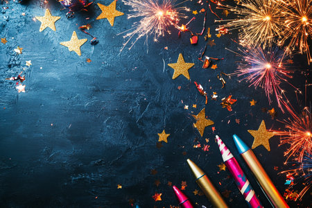 Colorful fireworks and sparklers on dark blue background with copy spaceの写真素材