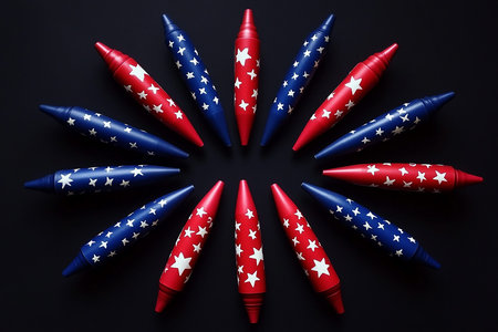 Red and blue crayons on a black background with stars.