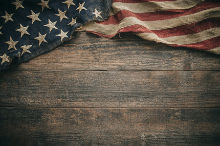 American flag on wooden background with copy space for text. Top viewの写真素材