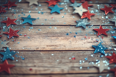 Colorful stars and confetti on a wooden background. Selective focus.の写真素材
