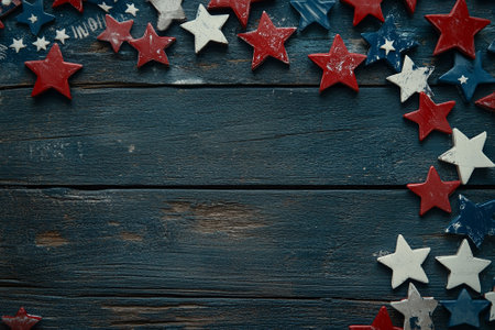 Patriotic background with stars on old wooden table. Top viewの写真素材