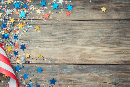 Festive background with colorful confetti and streamer on wooden tableの写真素材