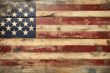 USA flag painted on old wood plank texture background. Vintage style.の写真素材
