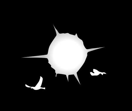 Afternoon's sun and two flying birds vector. Sharp sun and birds view.のイラスト素材