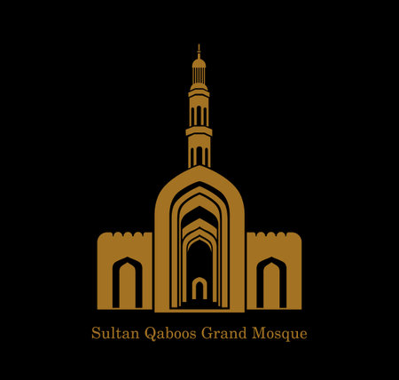 Sultan Qaboos Grand Mosque vector icon. Sultan Qaboos Grand Mosque vector illustration, Sultan Qaboos Grand Mosque front gate in golden color.のイラスト素材