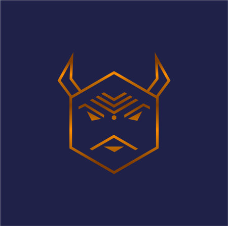 Ravan face illustration with golden look. Hexagon ravan face icon.