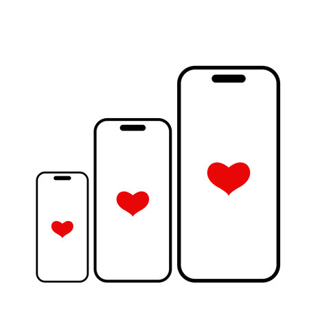 Three mobile phones and red hearts vector.のイラスト素材