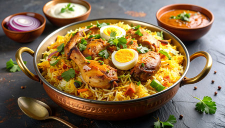 Chicken Biryani in Copper Handi with Boiled Egg and Raita on Textured Backgroundの素材