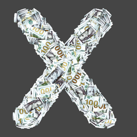X, X made of dollars. Isolated on gray background.