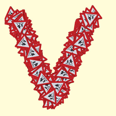 Latin fonts with pedestrian danger sign. Red triangle safety traffic sign isolated backgroundの写真素材