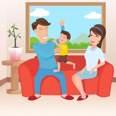 Happy family in living room, illustration by vector design.のイラスト素材