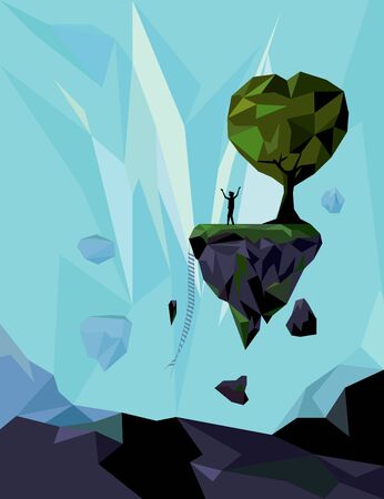 The men on the floating islands Tree with heart shapes, love concept and green planet, illustration and flat design.のイラスト素材