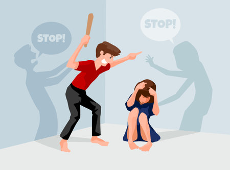 Stop violence against women, A man attacked a woman sitting on the floor, illustration design.のイラスト素材