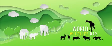 Herd of wildlife and the abundance of green forests, the concept of World Wildlife Day, vector illustration and paper art with digital craft style.のイラスト素材