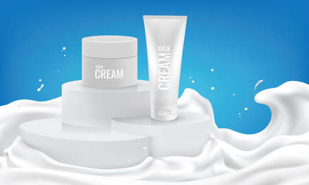 Cream jars and cosmetic tube are placed on stage for displaying products with milk wave background, dairy concept, vector illustration and design.のイラスト素材