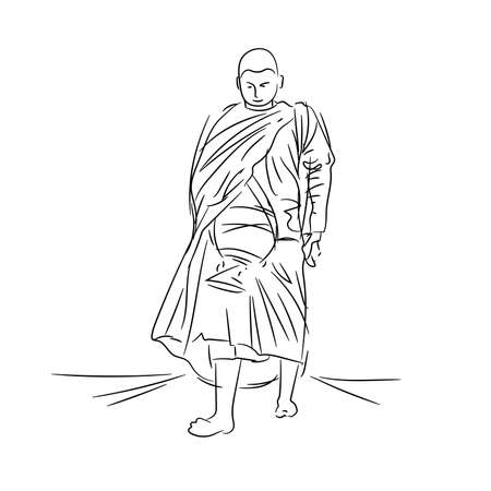 Black and white drawing of monks walking for alms in the morning, vector illustration and design.のイラスト素材
