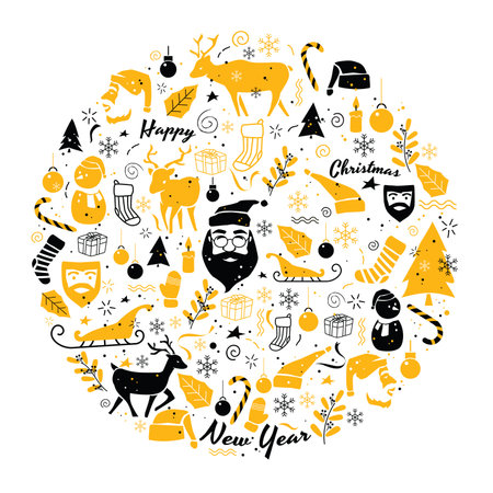 Christmas and New year elements set doodle art style, vector illustration and flat design.のイラスト素材