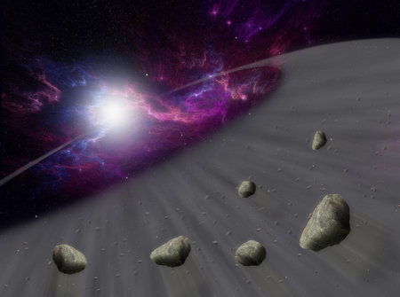 Sun with asteroids in universe or space, Globe and galaxy in a cloud with meteors