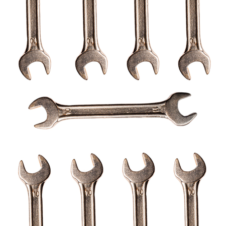 Wrench chrome metallic spanners instrument isolated composition over white backgroundの写真素材