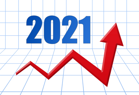 red growth arrow on blue 3d grid and text 2021の写真素材