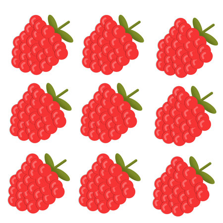 Illustration of many drawn red raspberries on white background