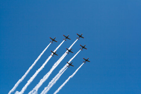 WARSAW, POLAND, 15 August, 2015: group of planes during airshow on clear blue sky